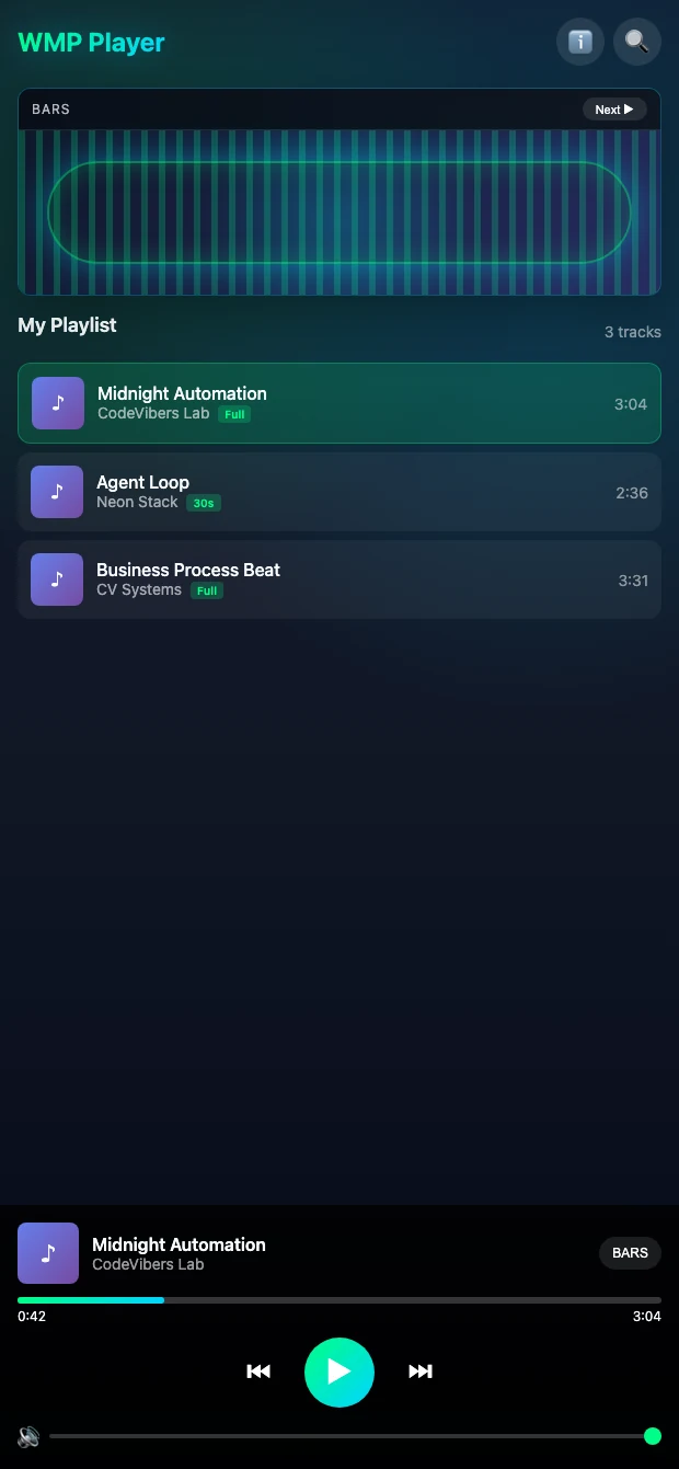 Main screen of WMP Mini App with player and playlists